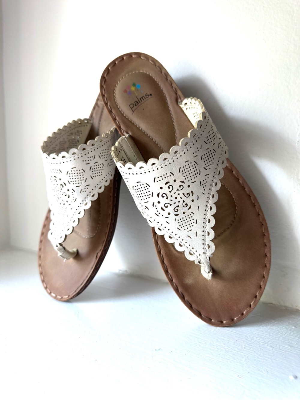 Palms White Laser-Cut Leather Thong Sandals for Women